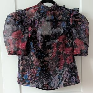 Anthropologie Maeve Floral Sheer Cap Sleeve Bow tie Back XS 2 0